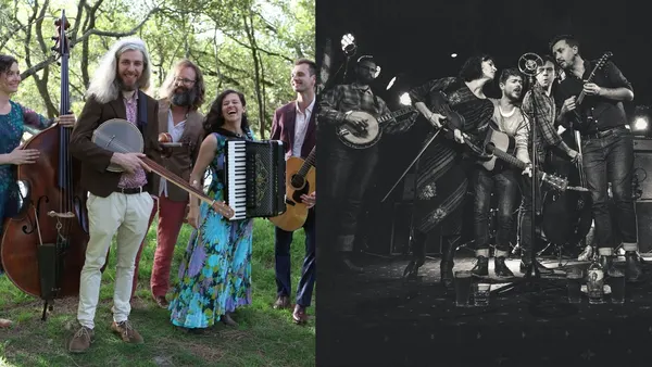 Two band photos side by side for Tea by the Brook: one in the bush, one in black and white on stage