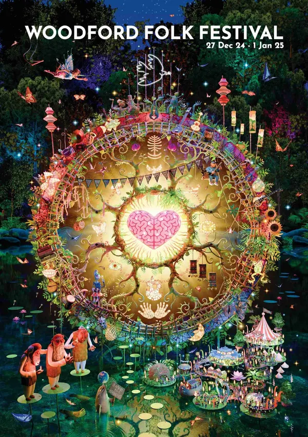Woodford Folk Festival 2024/25 poster: a glowing heart inside a ring of trees and lanterns